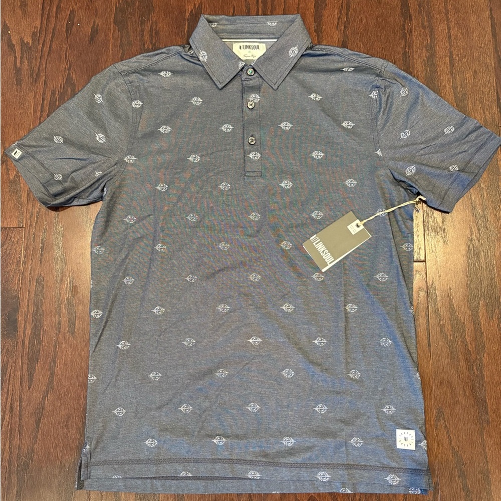 LINKSOUL Men’s Navy Blue Sunrise Golf Polo Shirt Tempus Fugit Small NWT